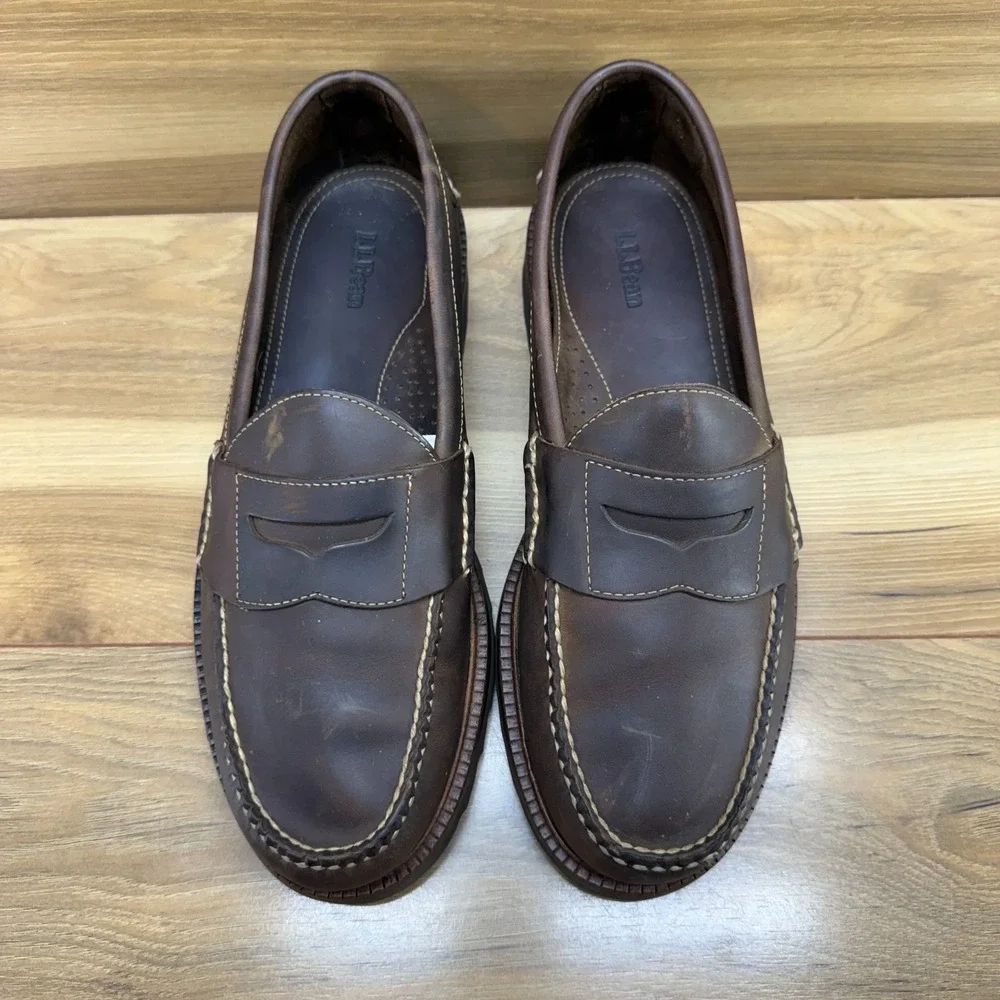 LL BEAN Allagash Penny Loafers Mens 9.5 D Brown Leather Handsewn Lug Sole Casual